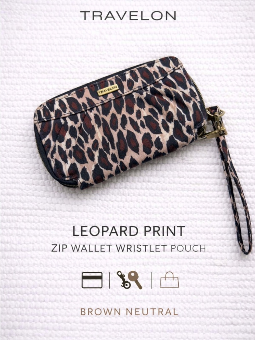 Travelon Leopard Print Zip Wallet Wristlet Pouch Brown Neutral
